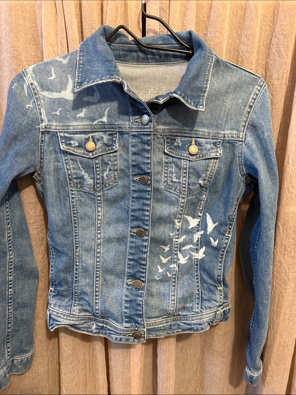 Denim Jacket with White Bird Print - Blue
